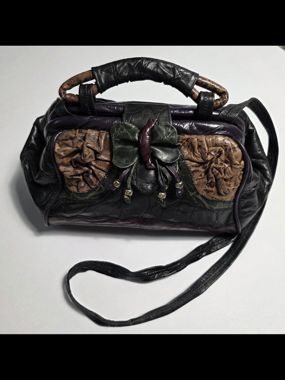 Reem Acra Black Brown Purple Leather Crossbody Bag